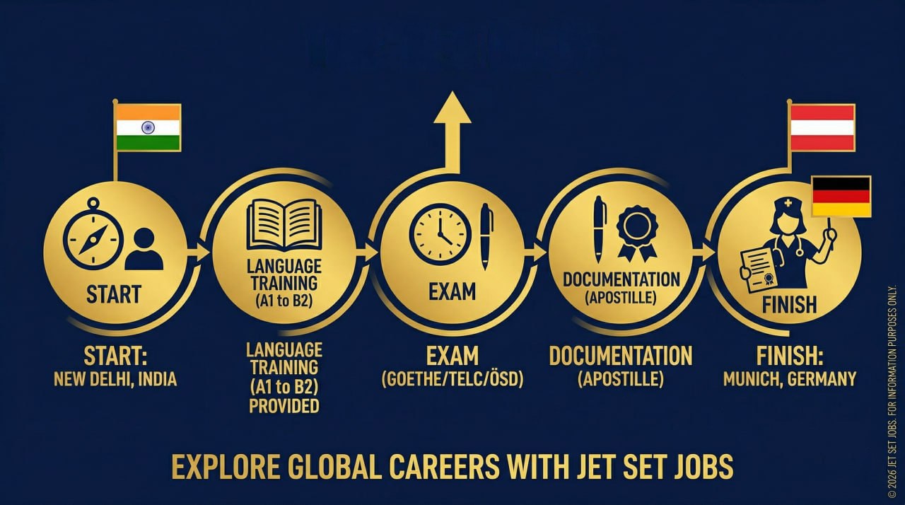 A calendar and timeline graphic showing the India to Germany nursing journey