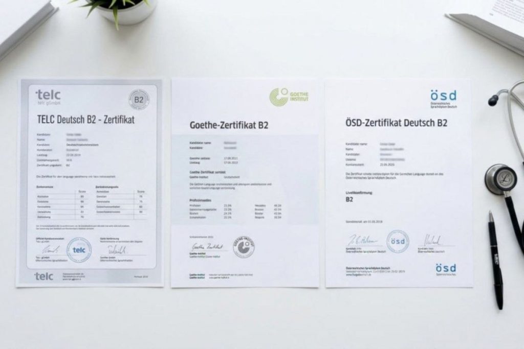 Indian nurse comparing TELC vs Goethe German exam certificates on a study table