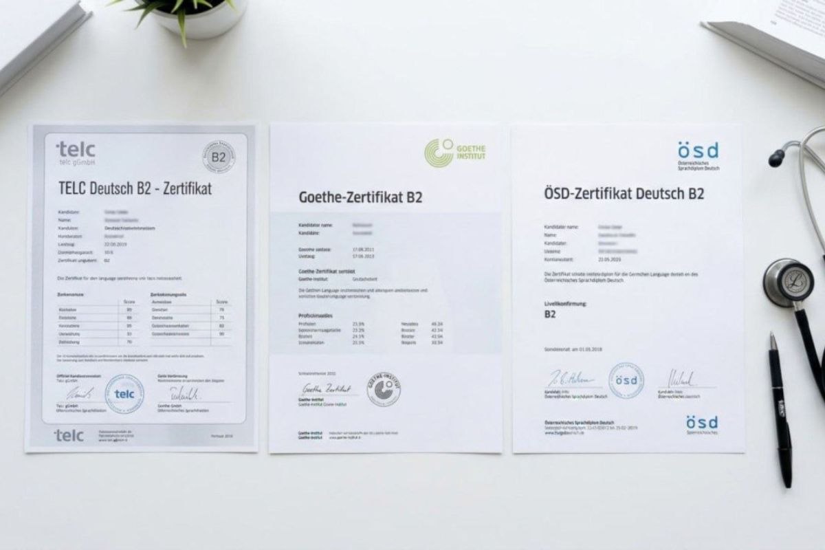 Indian nurse comparing TELC vs Goethe German exam certificates on a study table