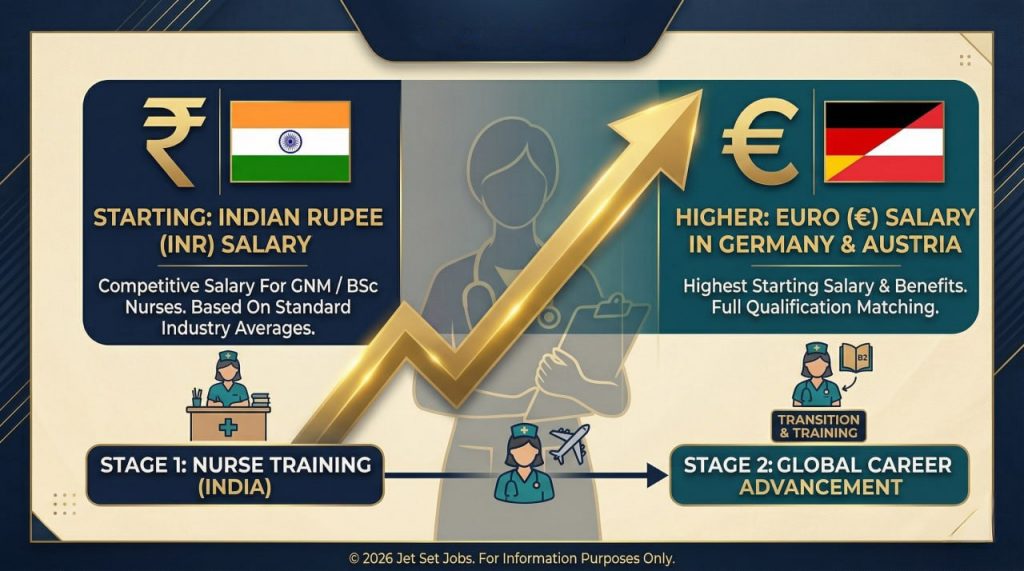 Indian nurse holding German euro currency with a hospital in the background