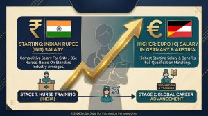 Indian nurse holding German euro currency with a hospital in the background