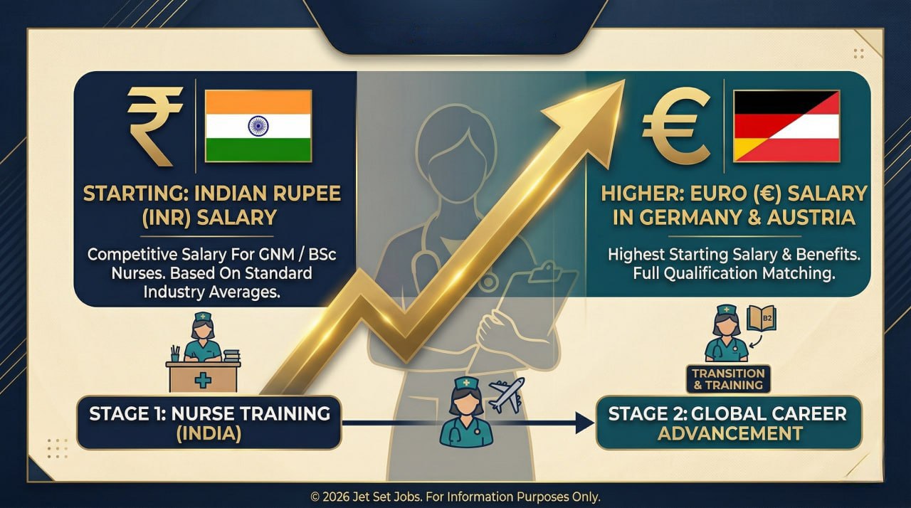 Indian nurse holding German euro currency with a hospital in the background