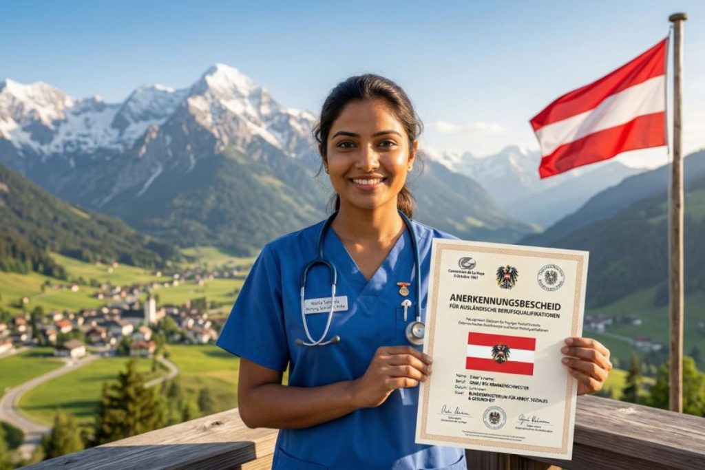 Indian nurse holding Red-White-Red Card document with Austrian flag