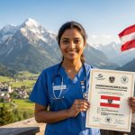 Indian nurse holding Red-White-Red Card document with Austrian flag