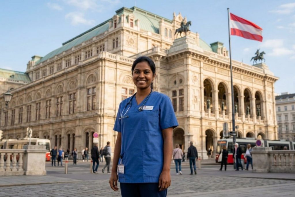 Indian nurse in front of Vienna city skyline and a hospital building