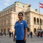 Indian nurse in front of Vienna city skyline and a hospital building