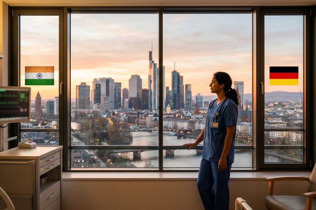 Indian nurse reading about nursing jobs in Germany
