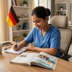 Indian nurse studying German language for B2 exam preparation for Germany