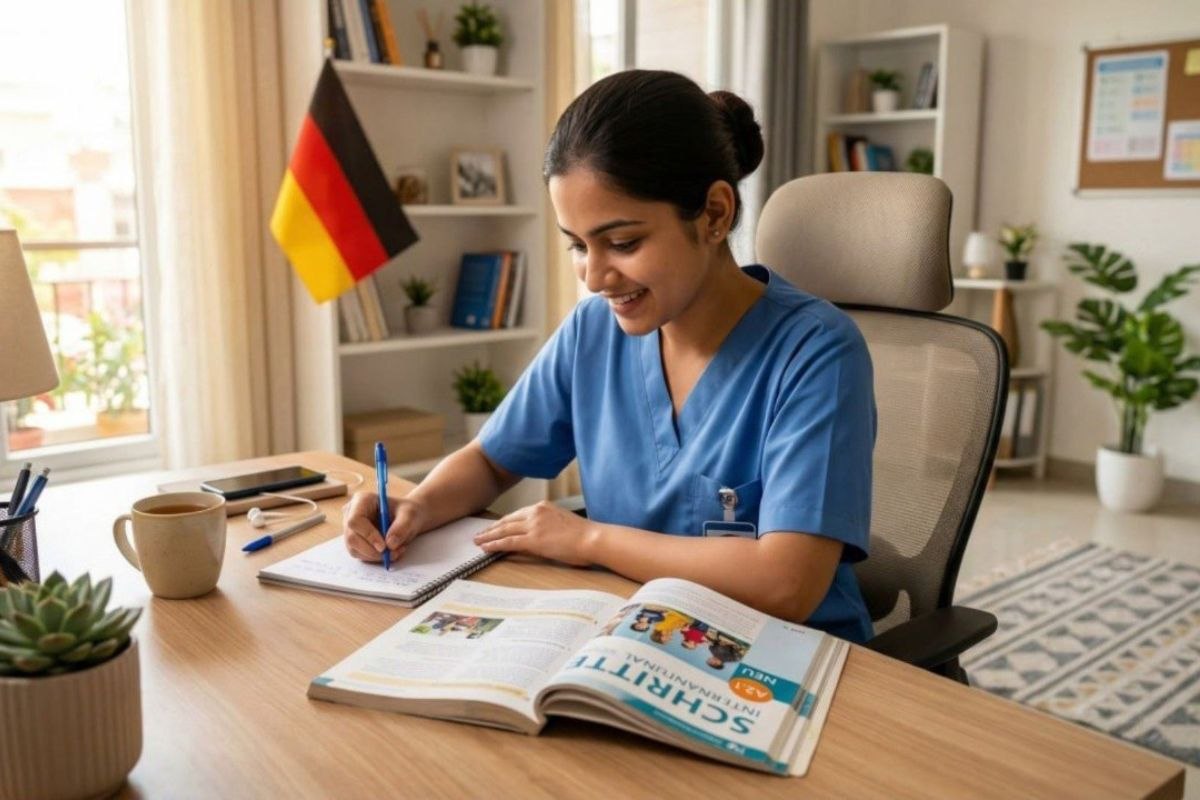 Indian nurse studying German language for B2 exam preparation for Germany