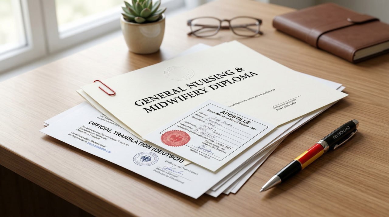 Indian nurse submitting documents for German qualification recognition Berufsanerkennung