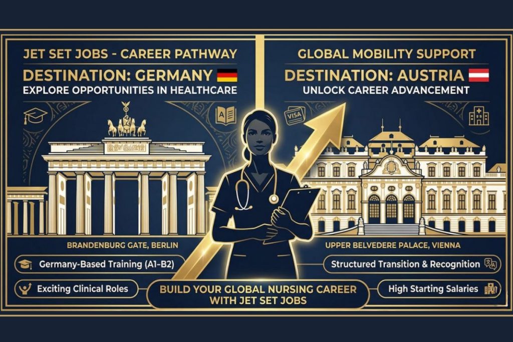 Split comparison image showing Germany and Austria for nurses
