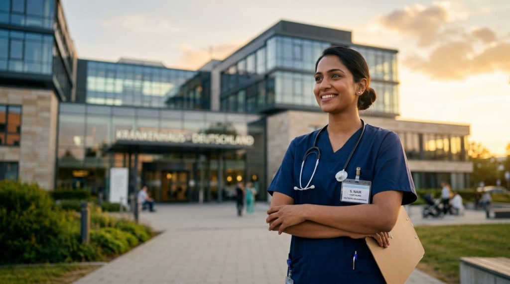 Split image of an Indian hospital corridor on one side and a modern German hospital on the other