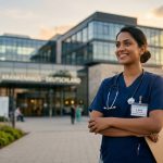 Split image of an Indian hospital corridor on one side and a modern German hospital on the other
