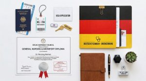 A neat stack of important nursing documents with an apostille stamp on a desk