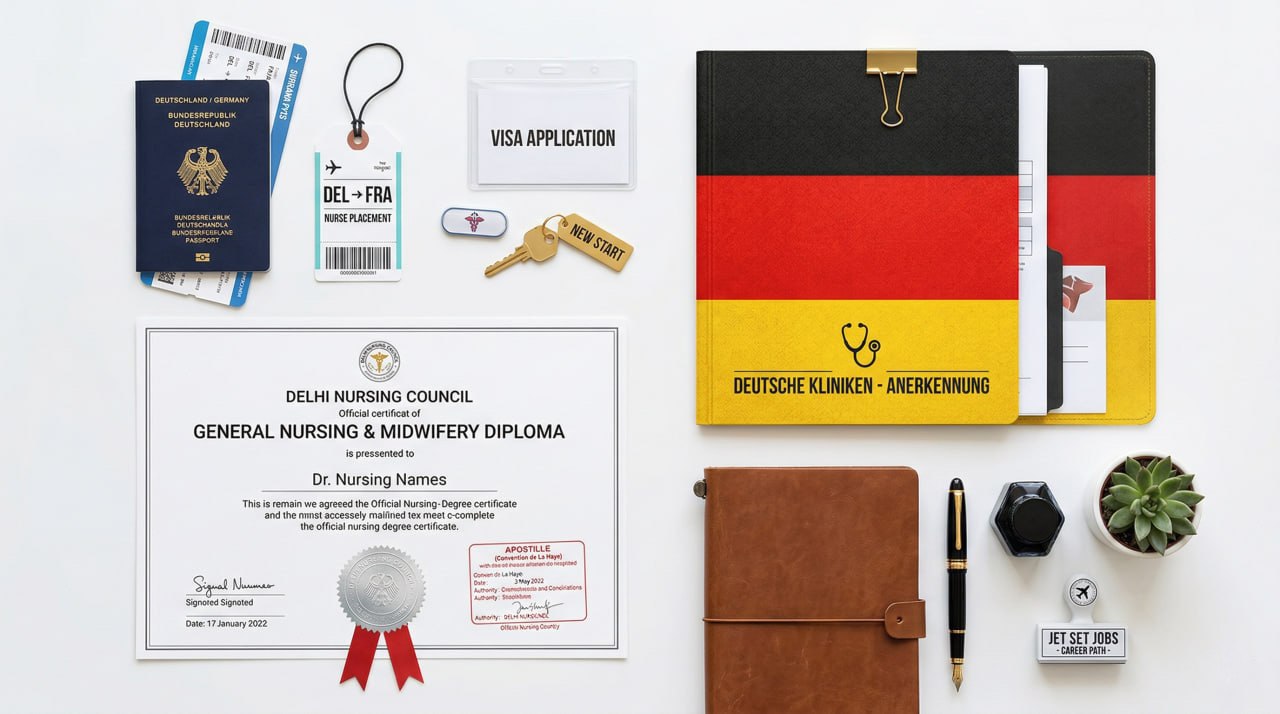 A neat stack of important nursing documents with an apostille stamp on a desk