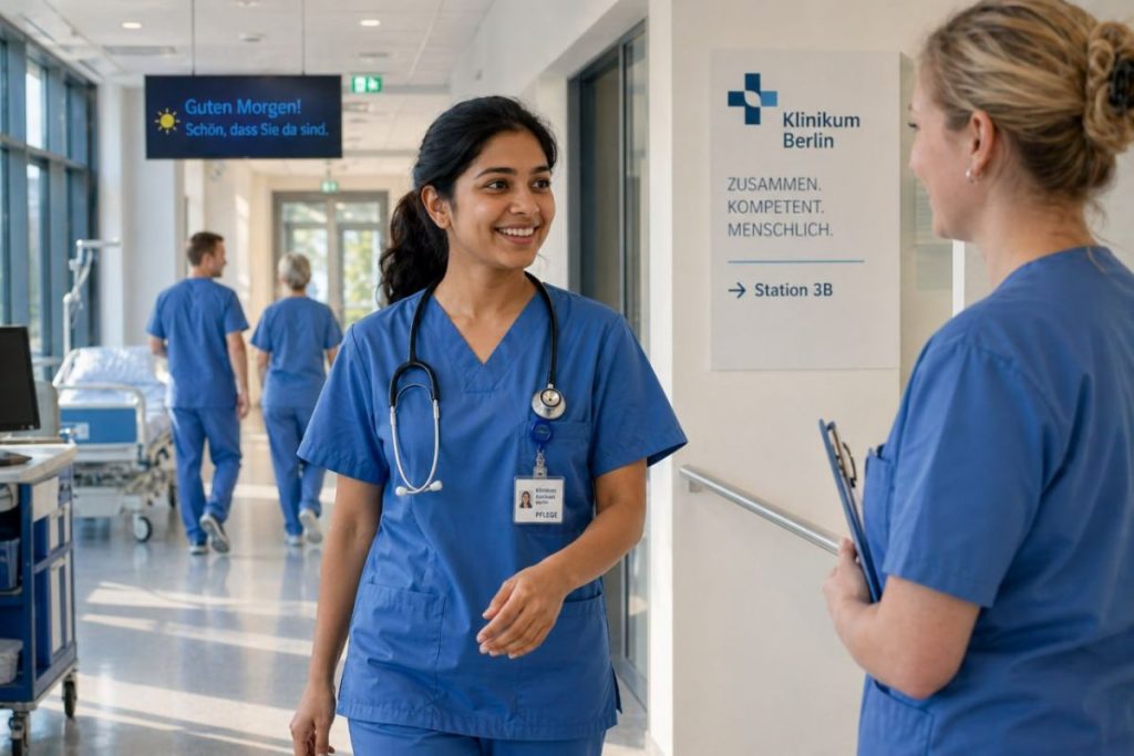 Indian nurse in German hospital scrubs starting her morning shift with colleagues