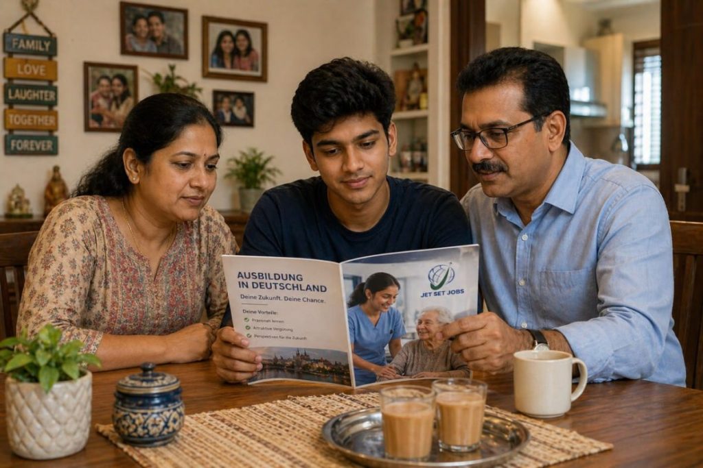 Indian parents sitting with their teenage child at a kitchen table, reviewing a Germany Ausbildung programme brochure together, warm family setting
