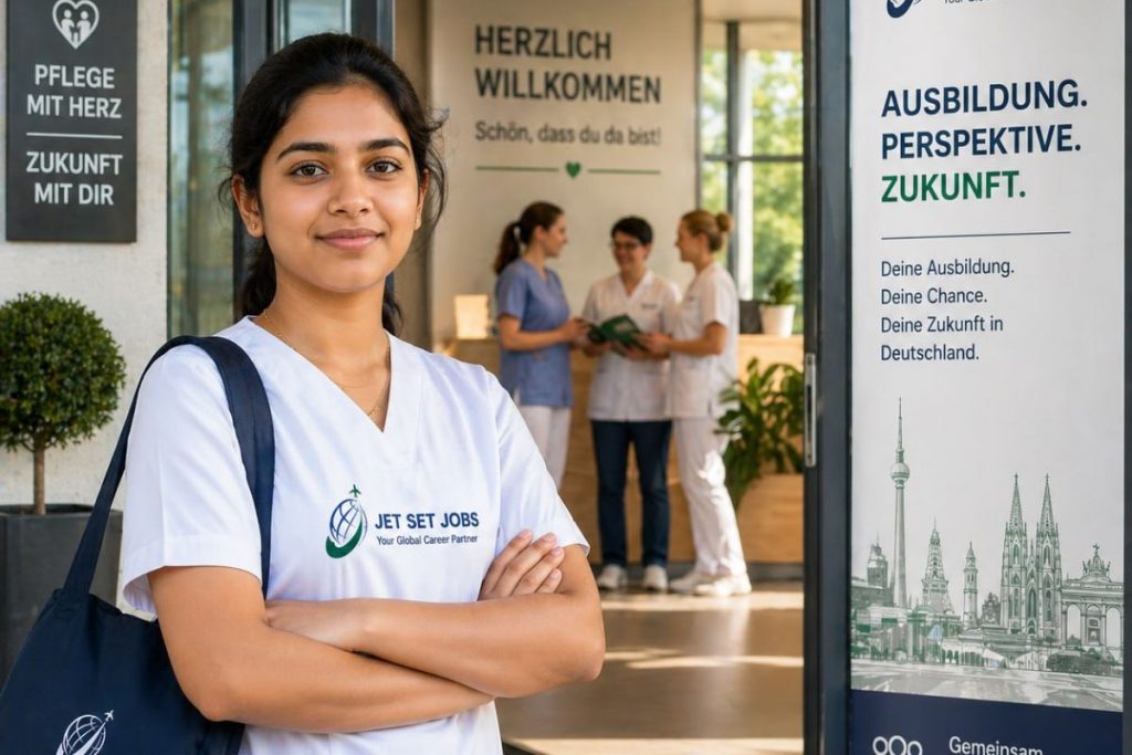 Young Indian woman in Germany wearing a professional training uniform, confident expression, standing outside a modern German workplace