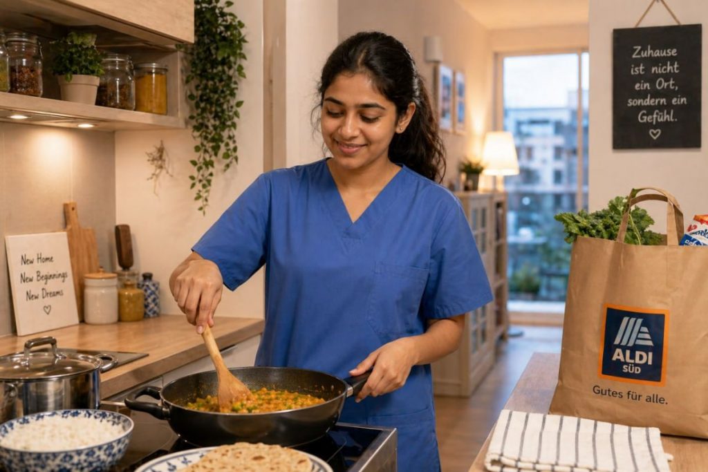 Indian nurse budgeting her monthly expenses in her German apartment with a laptop and notepad