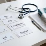 German medical vocabulary flashcards with stethoscope on desk