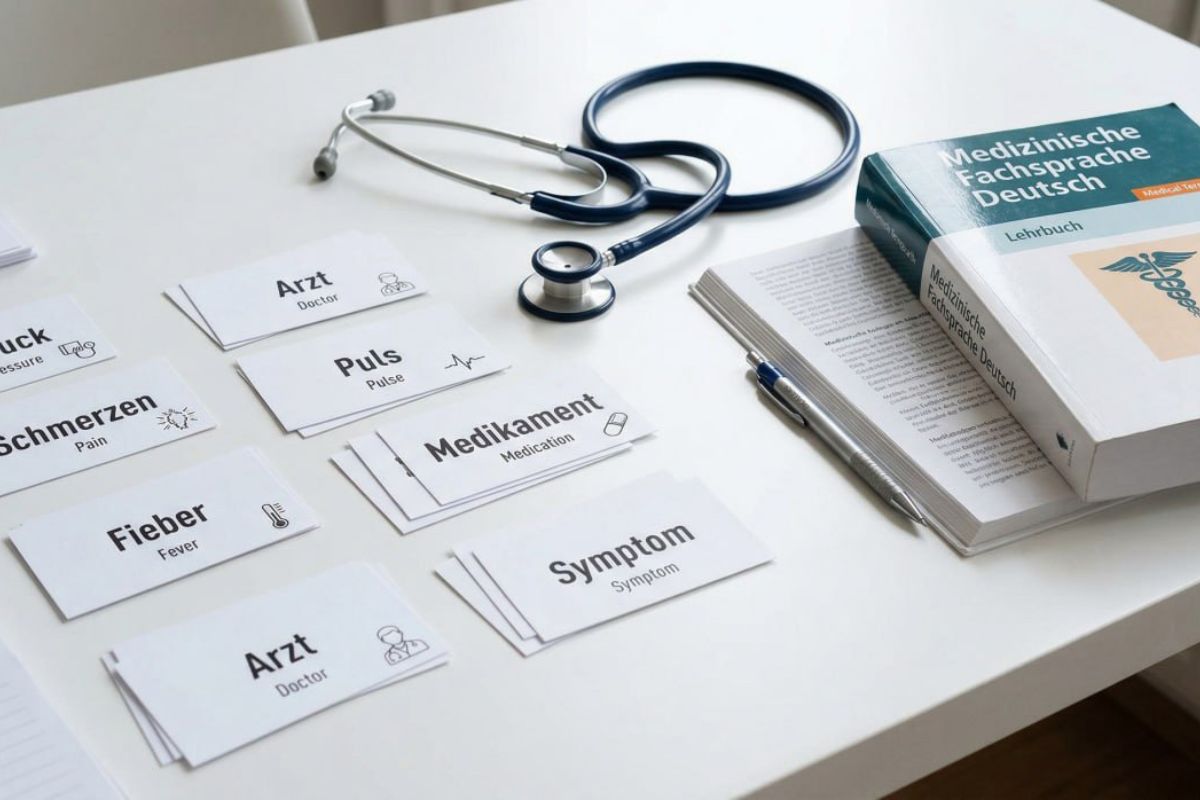German medical vocabulary flashcards with stethoscope on desk