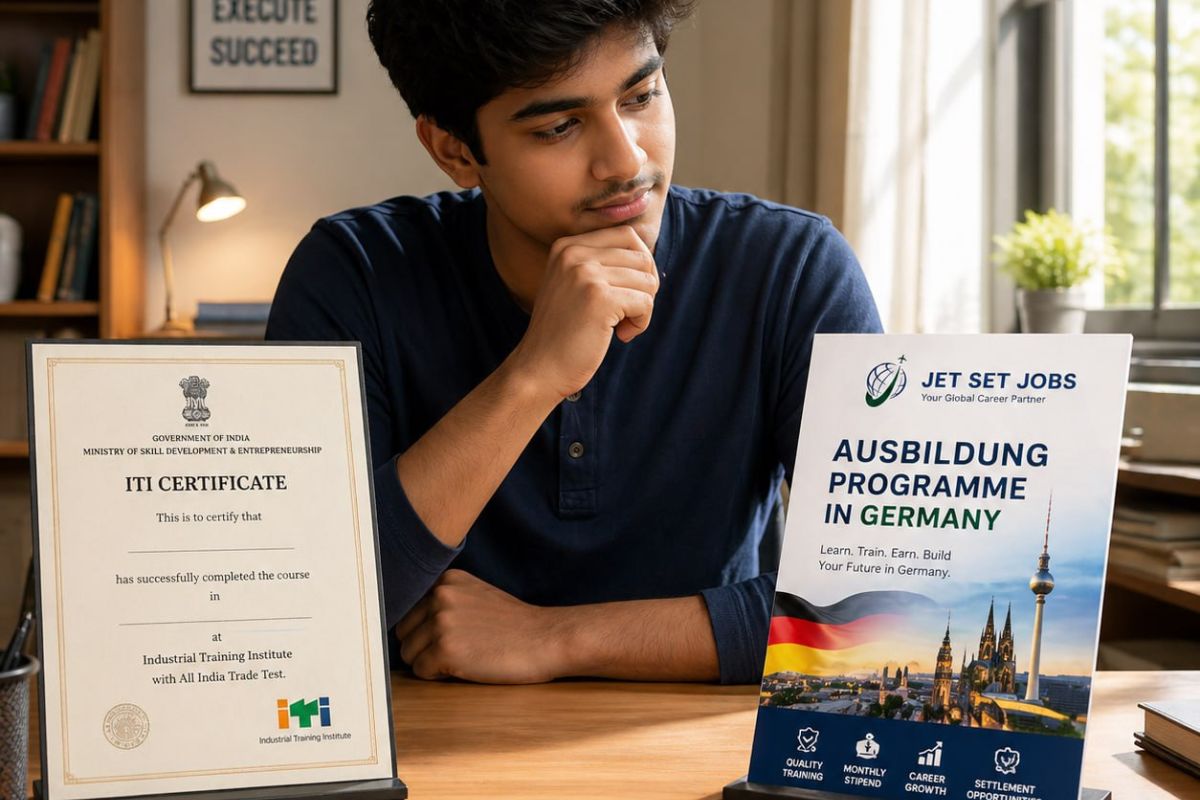 Image Alt Text Young Indian student comparing two paths -Germany Ausbildung brochure and Indian ITI certificate on a desk, thoughtful expression