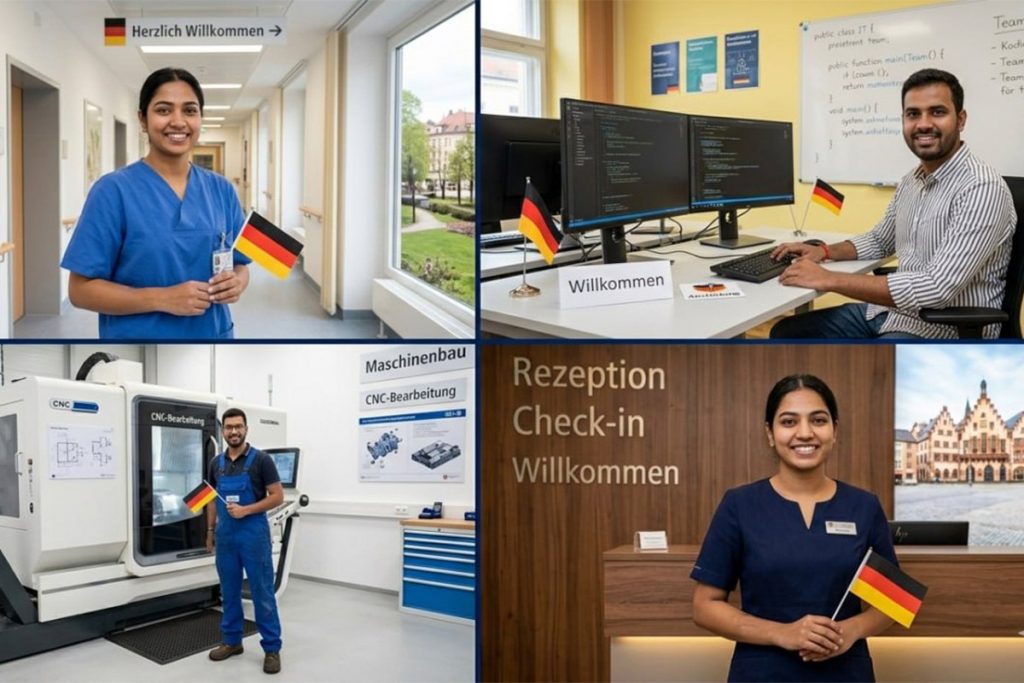 Grid of Indian Ausbildung trainees in different German professional settings - healthcare, IT, engineering, logistics