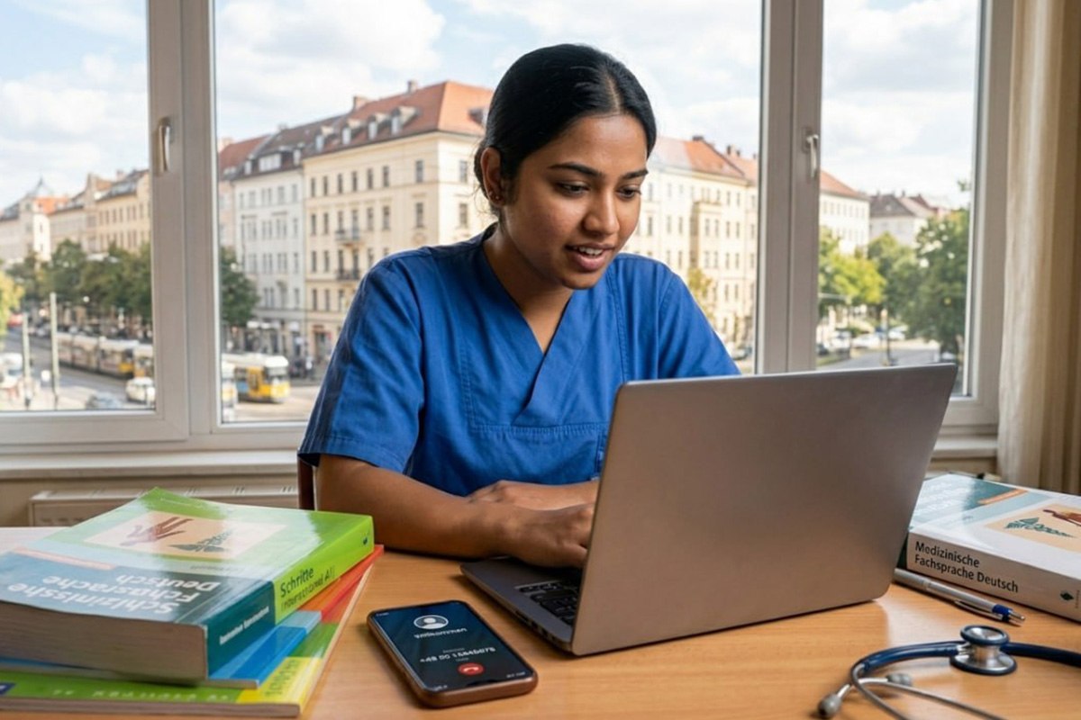 Indian Ausbildung trainee holding a German pay slip, smiling, in a professional European workplace setting