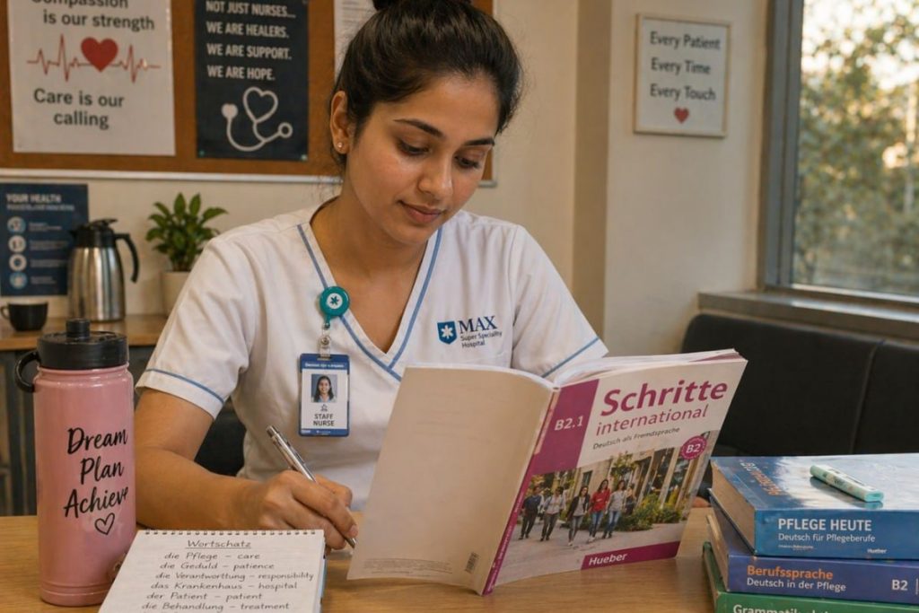 Indian GNM nurse studying German language at Jet Set Jobs institute in Delhi for Germany placement