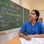 Indian nurse correcting German mistakes in notebook with red pen
