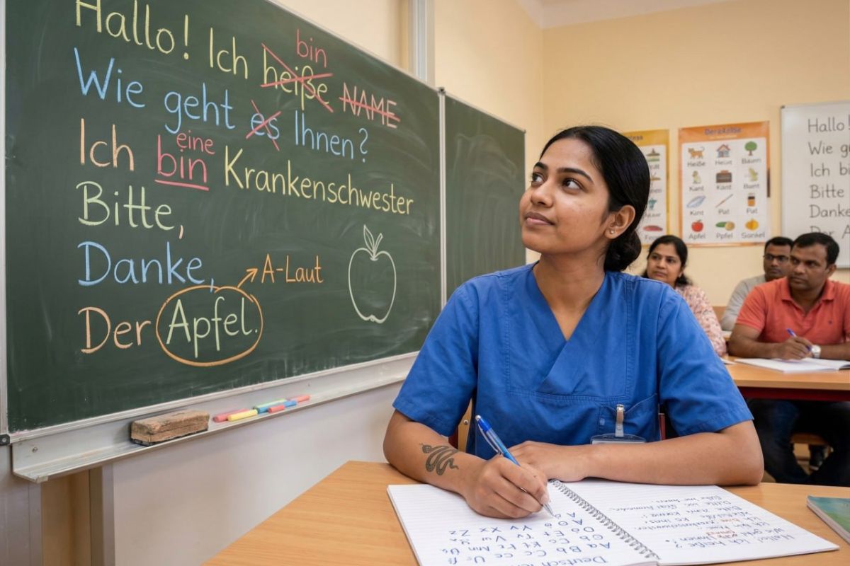 Indian nurse correcting German mistakes in notebook with red pen
