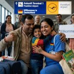 Indian nurse family reunion at a German airport - nurse greeting spouse and children