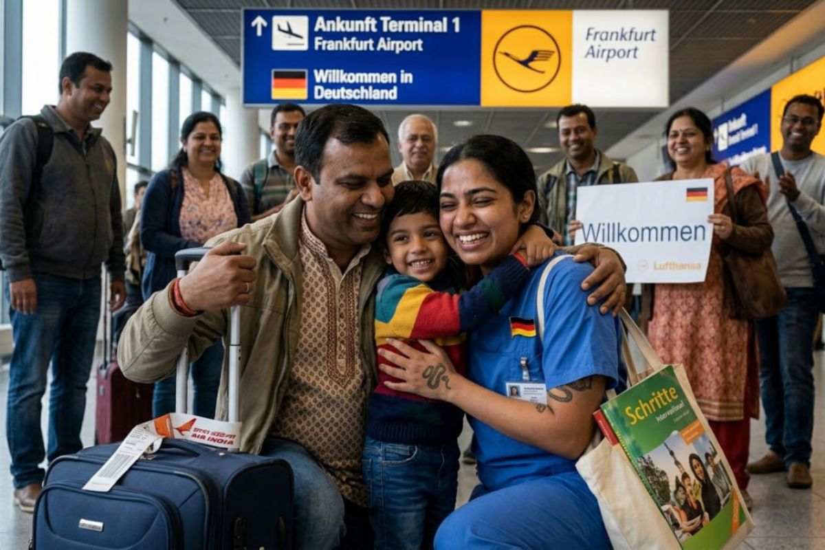 Indian nurse family reunion at a German airport - nurse greeting spouse and children