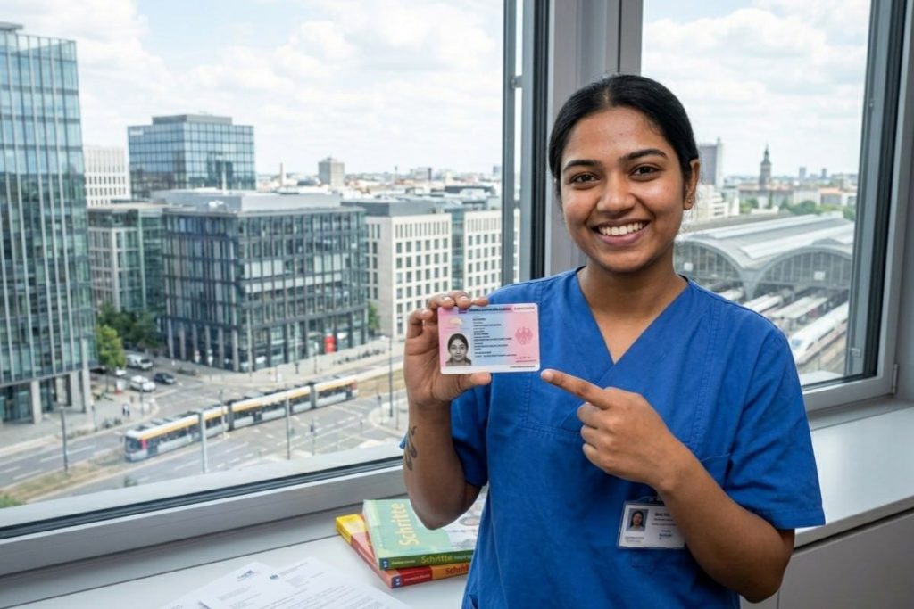 Indian nurse holding a German permanent residency permit card with a happy expression