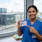 Indian nurse holding a German permanent residency permit card with a happy expression