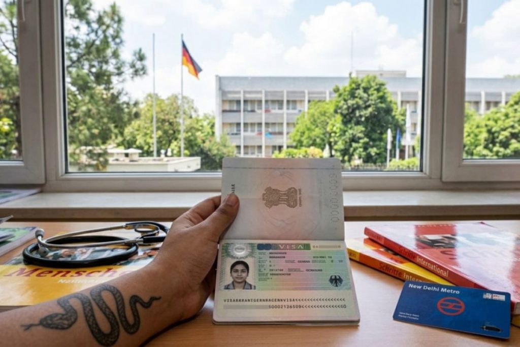 Indian nurse holding a German work visa approval document at the German Embassy in New Delhi