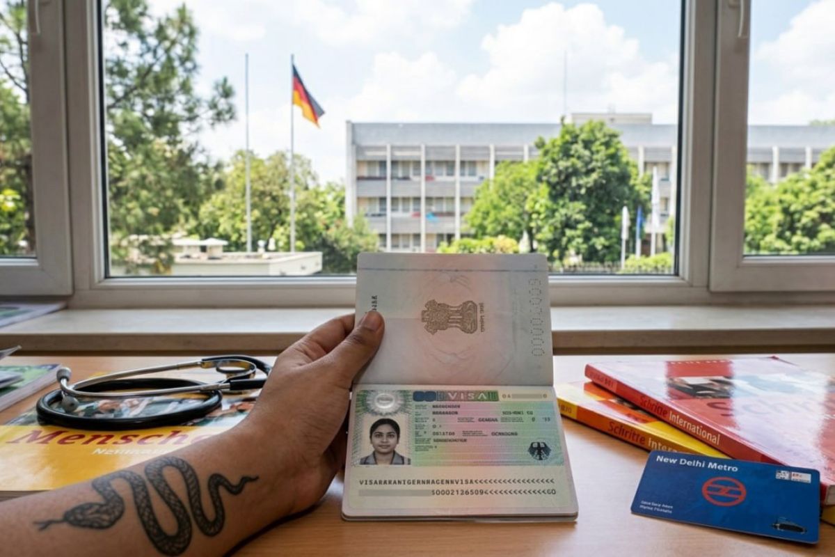 Indian nurse holding a German work visa approval document at the German Embassy in New Delhi
