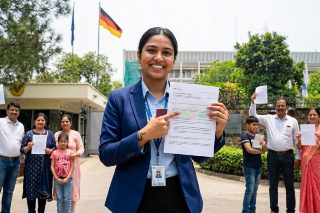 Indian nurse holding her approved Germany Skilled Worker Visa at the German Embassy New Delhi