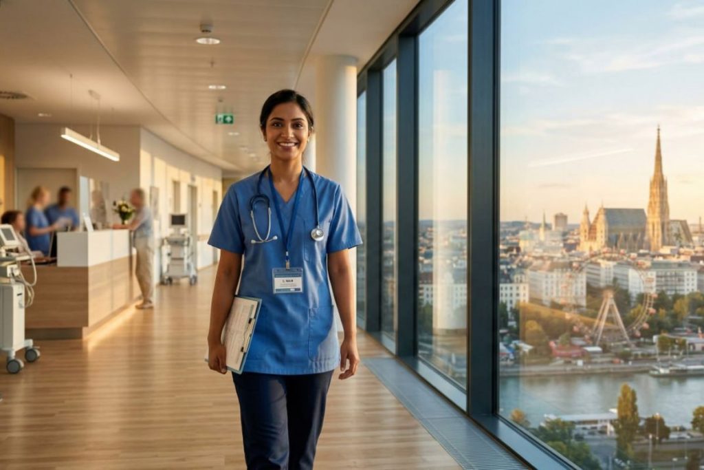 Indian nurse in Vienna hospital with Vienna cityscape visible through window