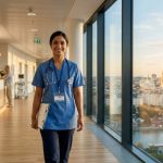 Indian nurse in Vienna hospital with Vienna cityscape visible through window