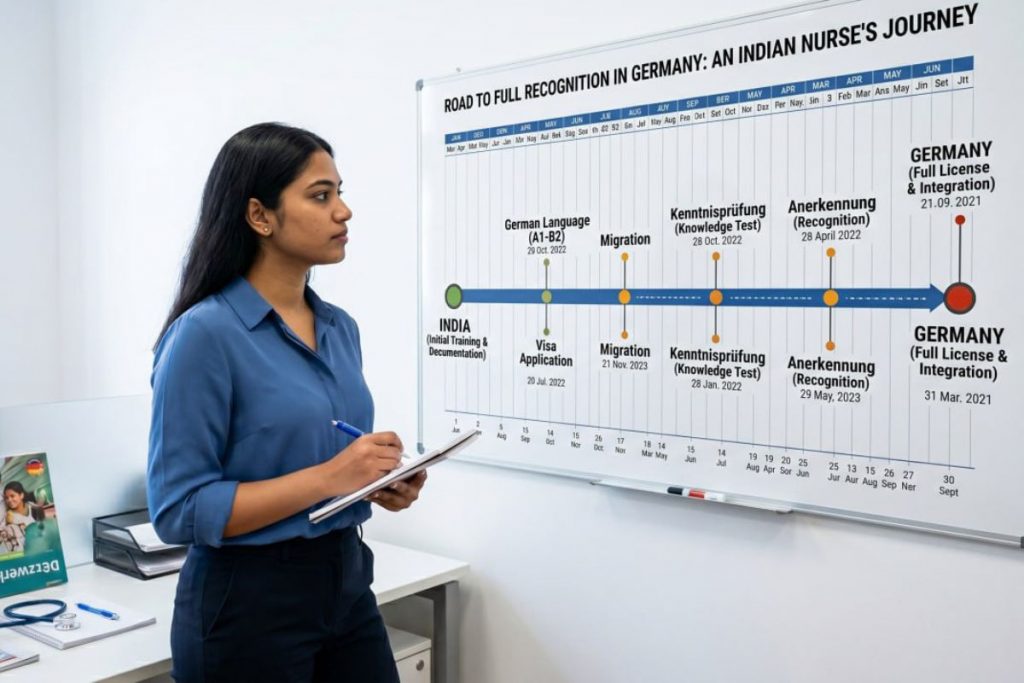 Indian nurse looking at a calendar planning her nursing recognition timeline for Germany