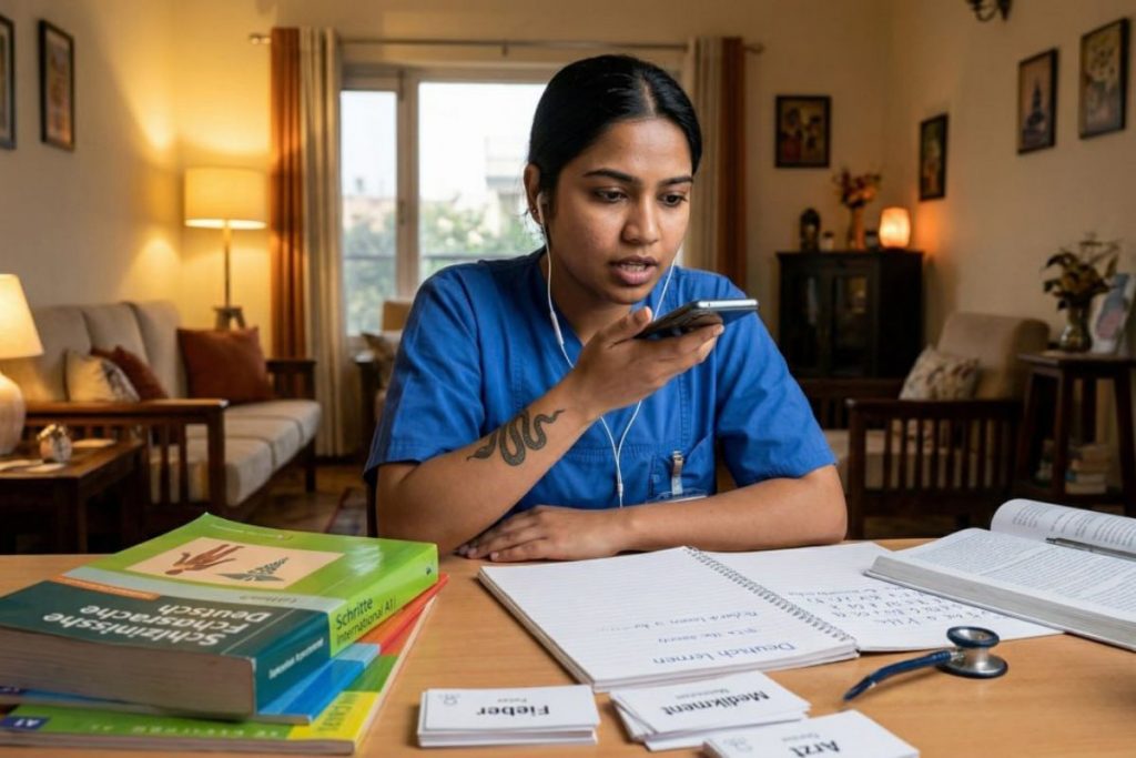 Indian nurse practicing German speaking with phone and headphones at home
