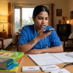 Indian nurse practicing German speaking with phone and headphones at home