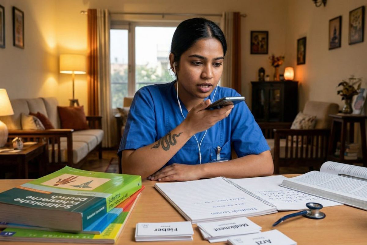 Indian nurse practicing German speaking with phone and headphones at home