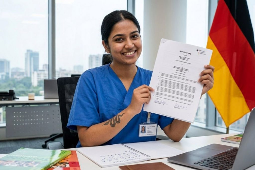 Indian nurse reading and signing a German employment contract at a desk