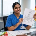 Indian nurse reading and signing a German employment contract at a desk