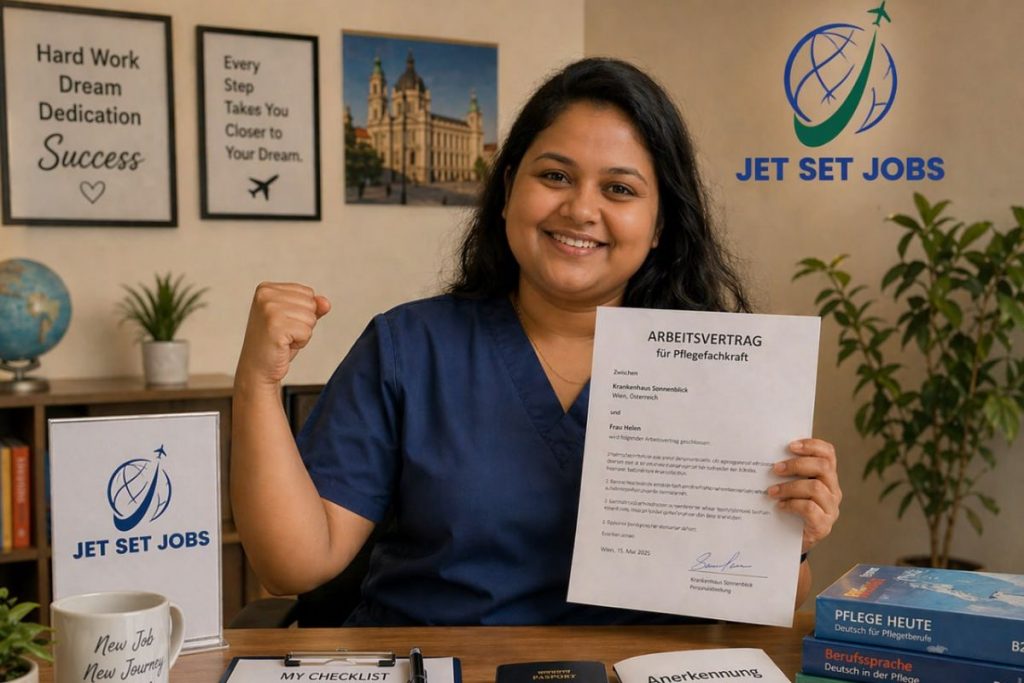 Indian nurse reading her German nursing job offer letter with excitement and relief