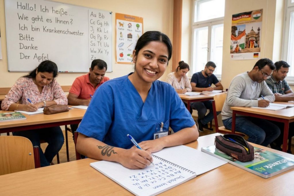 Indian nurse studying A1 German with textbook and vocabulary flashcards