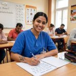 Indian nurse studying A1 German with textbook and vocabulary flashcards