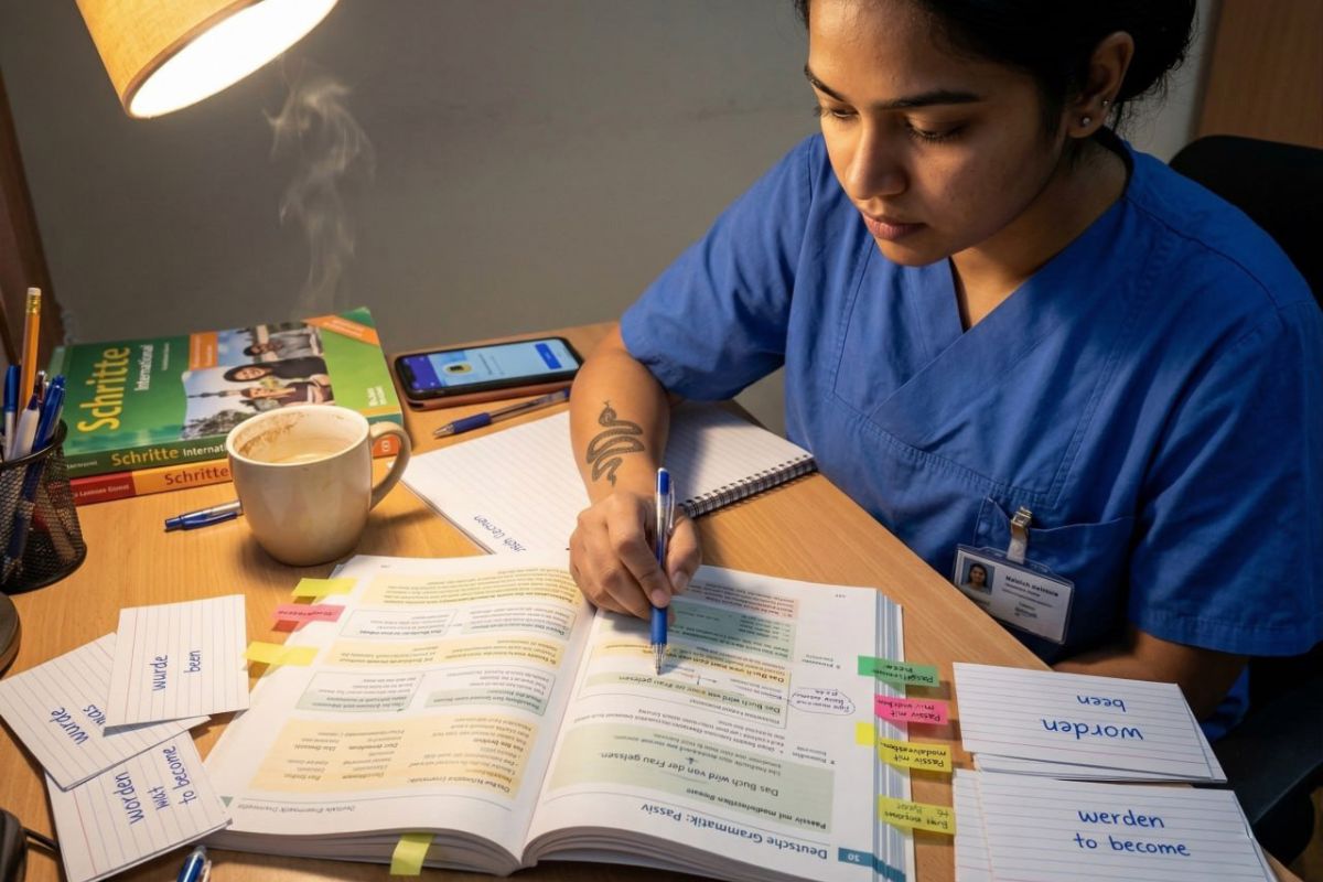 Indian nurse studying B1 German grammar with highlighted textbook pages on a desk